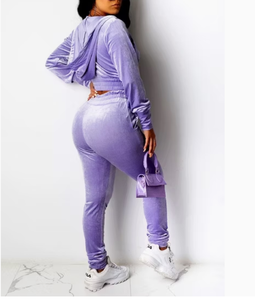 Women <b>Plus</b> <b>Size</b> Purple Velour Tracksuit <b>Set</b> Hooded Crop Top Full Length <b>Joggers</b> Solid Color Casual Wear Full Sleeve Side Pockets - Product Image 1