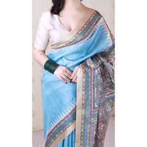 Sari en soie Tussar bleu ciel Elite Weaves, imprimé Madhubani, avec bordure tissée Zari, pour tenue de soirée élégante - Product Image 5