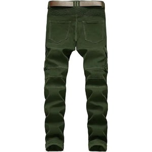 Pantalon de moto en jean vert olive pour homme, coupe slim et droite, avec poches zippées, délavé moyen, personnalisé - Product Image 1