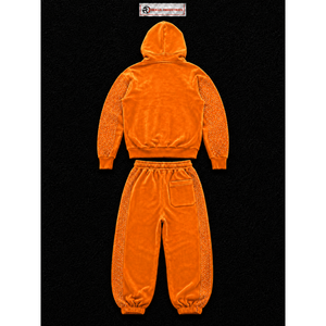 Conjunto de chándal de terciopelo naranja para mujer, con sudadera con cremallera completa, pantalones de pierna ancha, dos piezas, con pedrería, de lujo, estilo casual urbano para correr - Product Image 6