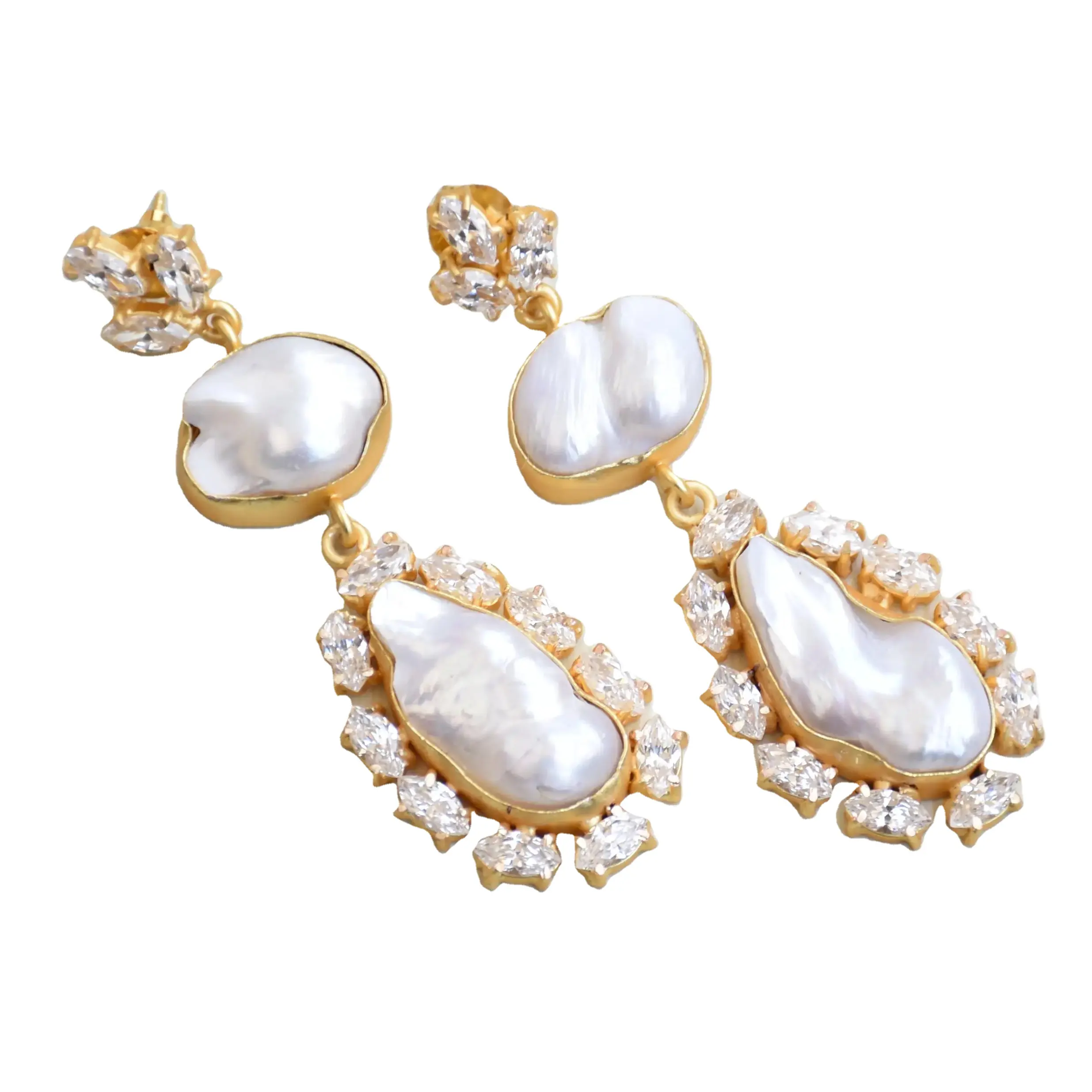 Long Drop Pearl Earrings Fashion Gold Plated Zircon Earrings with Freshwater Pearl New Hot Handcrafted Jewellery Wholesalers