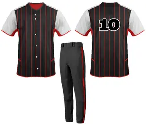 En kaliteli tam süblimasyon baskılı beyzbol formaları siyah ve kırmızı pinstripe softbol üniforma özel takım beyzbol formaları