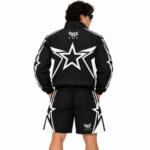 Vente en gros de shorts coupe-vent graphiques noirs tendance personnalisés, shorts de veste imperméables zippés, streetwear, sportswear, sweats à capuche en nylon en gros - Product Image 2