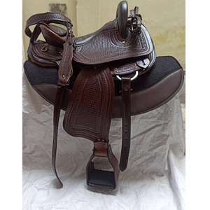 Selle de cheval Western en cuir marron foncé pour l'endurance, avec siège rembourré tressé, étriers, sangles de latigo et harnais - Product Image 3