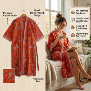 Robe Kimono en Coton Orange Durable pour Femme, Col en V, Manches Longues, Bordure Contrastante, 2 Poches, Faite à la Main, Longue Robe de Nuit et de Détente - Product Image 6