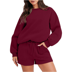 Nuevo Conjunto de Sudadera y Pantalones Cortos de Dos Piezas para Mujer, 100% Algodón, Sólido, Ecológico, Transpirable, Personalizable, Cómodo - Product Image 2