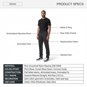 Pantalones de hombre M-01 Kinetic Stacked personalizados, de nylon ripstop sin lavar, con bordado pan-africano, sostenibles y que mantienen la forma. - Product Image 5