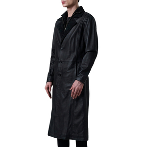 <b>Men's</b> Black Genuine Leather Trench Coat Single Breasted <b>Long</b> <b>Overcoat</b> With Zipper Lapel - Product Image 3