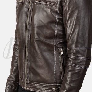 Veste en cuir véritable marron foncé pour homme, style motard, coupe ajustée, avec surpiqûres blanches contrastées, manteau d'hiver en cuir véritable - Product Image 6