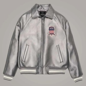 Avirex Silver <b>Sheepskin</b> Leather Flight Bomber <b>Jacket</b> for Men - Product Image 1