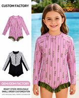 Kinder Mädchen Olivenblatt-Print Langarm Einteiler Badeanzug mit rosa Streifen, Rüschen am Bein und Reißverschluss vorne – Rash Guard für den Pool