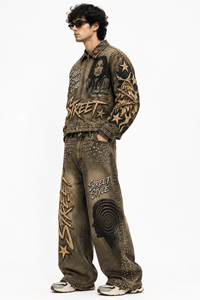 Ensemble de survêtement en denim délavé brodé style vintage personnalisé, 100 % coton, imprimé graphique avec strass, pantalon large pour unisexe - Product Image 3