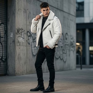 Custom Trending <b>Bomber</b> <b>Jacket</b> Real Sheepskin Leather <b>Shearling</b> Fur Warm Breathable Winter Filled Biker Style For Unisex Wear - Product Image 4