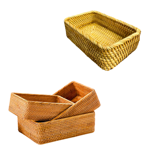 Juego de 3 Cestas/Bandejas Rectangulares de Mimbre RATTAN, Cestas Rectangulares de Mimbre Natural Tejidas a Mano - Product Image 1