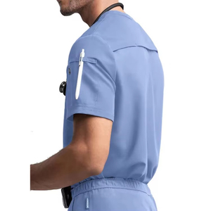 Men's Blue <b>Scrub</b> <b>Tops</b> With Stethoscope Pocket Hospital Uniforms For Doctors Nurses Cotton Polyester Knitted Fabric - Product Image 2