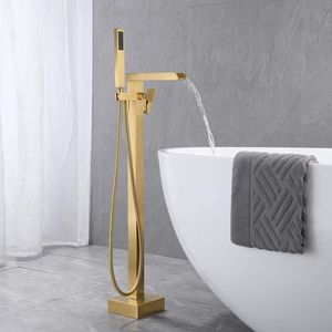 Rubinetto a cascata autoportante per vasca da bagno, montaggio a pavimento, oro spazzolato, con doccetta - Product Image 2
