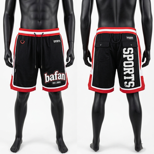 Shorts de basket-ball en mesh polyester premium 180 GSM, noir, rouge, blanc, avec empiècements latéraux et logo personnalisé, pour hommes - Product Image 1