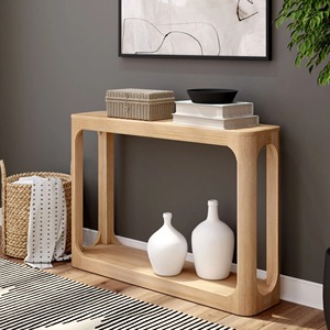 Consola de pasillo larga y estrecha, escritorio moderno minimalista para entrada, mueble con estantes de aspecto de madera, base única tipo trineo, metal para sala de estar - Product Image 5