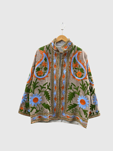 Hand Embroidered Floral <b>Velvet</b> Jacket Mandarin Collar Full Sleeve Plus Size Women's Autumn Coat Prairie Chic Style - Product Image 3