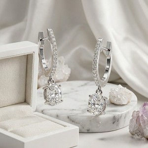 1.20 CTW Oval and Round Prong and Bezel and Pave Huggie Drop Linear <b>Diamond</b> <b>Earrings</b> - Product Image 1