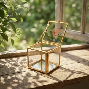 Artisan Design Modern <b>Square</b> Glass & Brass Jewelry Box with Gold Frame Decorative Storage for Vanity Dressing Tabletop Use - Product Image 4
