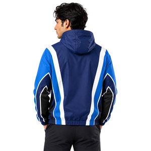 Custom Men Women Hooded Windbreaker <b>Jacket</b> Blue Contrast Panel Full Zip <b>Lightweight</b> Sports <b>Running</b> Training <b>Jacket</b> OEM ODM - Product Image 4