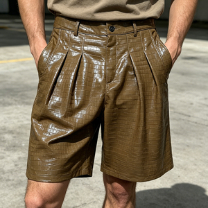 Men's Black PU Coated Bermuda Shorts High Waist Button Fly Embossed Pattern With Pockets Street Style - Product Image 5