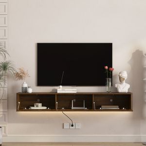 High Gloss Wall Mounted TV Stand <b>Floating</b> Wood Cabinet with LED Lights and Power Outlet for Living Room - Product Image 6