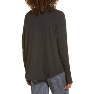 100% algodón Mujer camiseta negra para niñas brazos completos Camiseta de manga larga relajada negro personalizado negro transpirable camiseta - Product Image 4