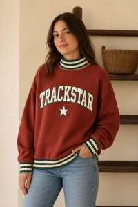 Rust Teal Stripe Trackstar Women's Mock Neck Sweatshirt Ivory Letter <b>Star</b> Custom Logo OEM Private Label Wholesale Pullover - Product Image 1