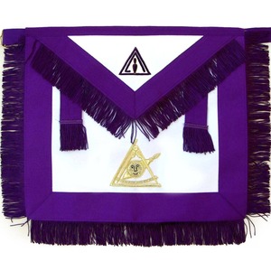Tablier de Cérémonie Franc-Maçon de l'Excellente Confrérie des Anciens Maîtres, en Grosgrain Violet avec Franges Dorées et Pompons - Product Image 1