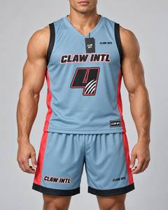 ชุดเสื้อบาสเก็ตบอลชาย Claw Intl สีฟ้าอ่อนแดง ผ้าฝ้ายตาข่าย ระบายอากาศได้ดี พิมพ์ลายซิลค์สกรีน ไร้รอยต่อ ชุดยูนิฟอร์มสำหรับผู้ใหญ่ - Product Image 1