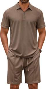 Ensemble deux pièces classique pour homme, tendance, en polyester respirant à motif floral, polo zippé et short, vêtements de sport décontractés d'été - Product Image 2