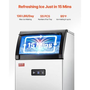 เครื่องทำน้ำแข็งดิจิตอล LED เชิงพาณิชย์ ผลิตน้ำแข็งได้ 130 ปอนด์/24 ชม. ความจุเก็บน้ำแข็ง 33 ปอนด์ 55 ก้อน ใช้เวลา 15 นาที เครื่องเตรียมอาหาร - Product Image 2
