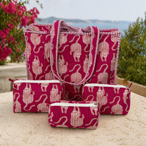 Ensemble de sacs à main en coton matelassé rayé rose, pochettes cosmétiques imperméables pliables, organiseur de voyage pour femmes - Product Image 1
