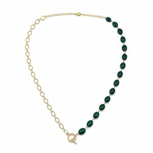 Custom Rhodium Plated Necklace Emerald Green Oval Bead Half Chain Front <b>Toggle</b> Clasp Link Collar Women Luxury Statement Jewelry - Product Image 2