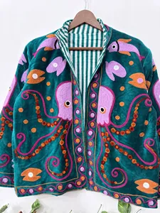 Premium Turquoise <b>Velvet</b> Embroidered Suzani <b>Jacket</b> with Octopus Pattern Full Sleeve Stand Collar Handmade Bohemian Autumn Coat - Product Image 6