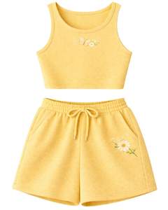 ชุดเซ็ตสองชิ้น เสื้อครอปแขนกุดสีเหลืองลายริบบิ้นสำหรับผู้หญิง และกางเกงขาสั้น ลายดอกไม้ ชุดลำลองฤดูร้อน สั่งทำได้ - Product Image 1