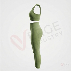 <b>Women</b> Seamless Yoga Set 2 Piece High Waist <b>Leggings</b> Racerback Crop Top Solid <b>Green</b> Athletic Outfit - Product Image 3