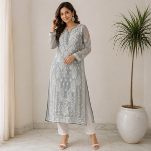 Best Selling Indian Georgette Chikankari Kurti – Elegant <b>Grey</b> White Floral Embroidered Long Ethnic <b>Dress</b> - Product Image 1