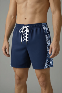 Shorts de boxe bleus pour hommes avec laçage gris sur le devant et taille élastique, en polyester respirant, pour l'entraînement toutes saisons - Product Image 4