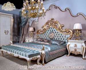 Lit Queen sculpté lourd de style vintage avec tables de chevet meubles de chambre à coucher luxueux en bois de teck chambre à coucher Queen en métal doré de luxe - Product Image 5