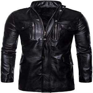 Men's PU Leather Moto Jacket <b>Stand</b> Collar Zipper Closure Solid Color Slim Fit Regular Length Autumn Wear - Product Image 4