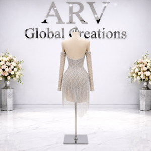 Mini-robe de luxe à franges en cristal |   Robe de soirée moulante à épaules dénudées de créateur |   Tenue de cocktail glamour perlée pour femme, taille naturelle - Product Image 2