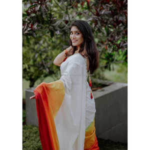 Ropa de fiesta amarilla y roja Saree de impresión digital de lino - Product Image 2