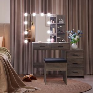 FCH Grey Set di toletta triamina impiallacciatura 5 Pumps 2 ripiani specchio tre lampadina oscurante trucco vanità - Product Image 5