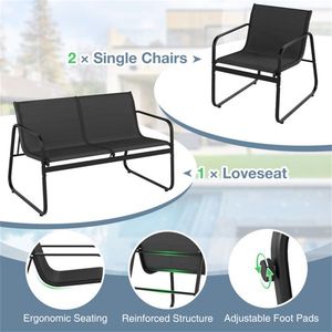 4 Piece Black Outdoor Patio Furniture Set for Conversation 2 Chairs 1 Loveseat 1 Coffee Table - Product Image 6