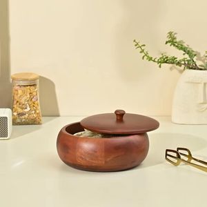 Artisanal Ribbed Dark Wood Casserole with Matching Circular Lid Premium Food Warmer for Natural Wabi Sabi Dining Tableware <b>Set</b> - Product Image 1