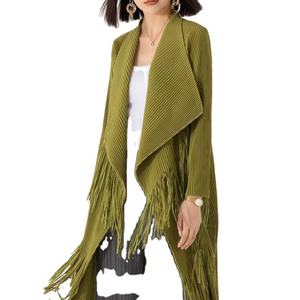 Manteau long plissé à franges pour femme, veste cardigan légère à devant ouvert, vêtement d'extérieur à franges style bohème pour le printemps et l'automne - Product Image 5