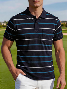 Men's Striped Short Sleeve Polo Shirt Knitted Casual Pocket Design Regular Fit Navy Blue White Teal Regular Fit Bangladesh - Product Image 4